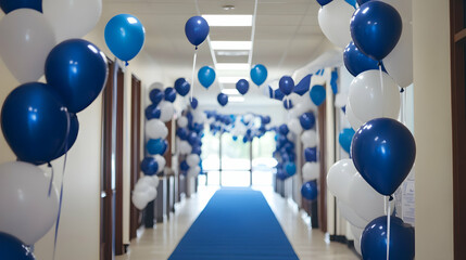 Blue and white balloons adorn a festive party, scattered on both tables and the floor for a vibrant celebration