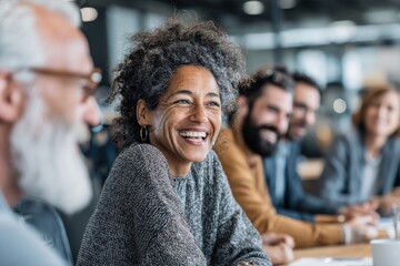 A cheerful business woman sharing a laugh during a corporate meeting with diverse colleagues, fostering a positive and collaborative team environment in modern office space.
