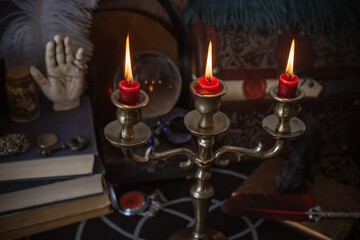 Mystical Candle Holder on Wooden Table in Enchanted Atmosphere