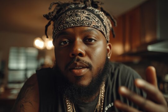A close-up portrait of a confident Black man with dreadlocks, wearing a bandana and a gold chain, looking directly at the camera with a serious expression.