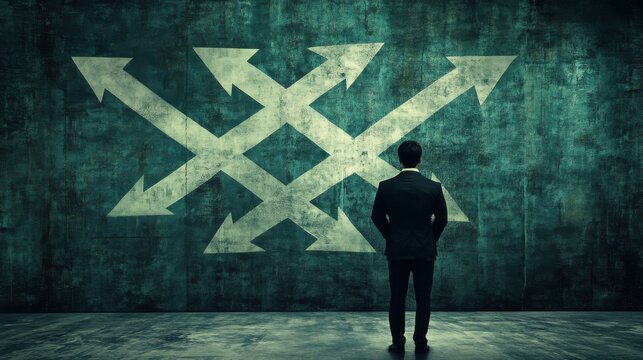Businessman contemplating decisions in front of a textured wall with directional arrows, suggesting choices
