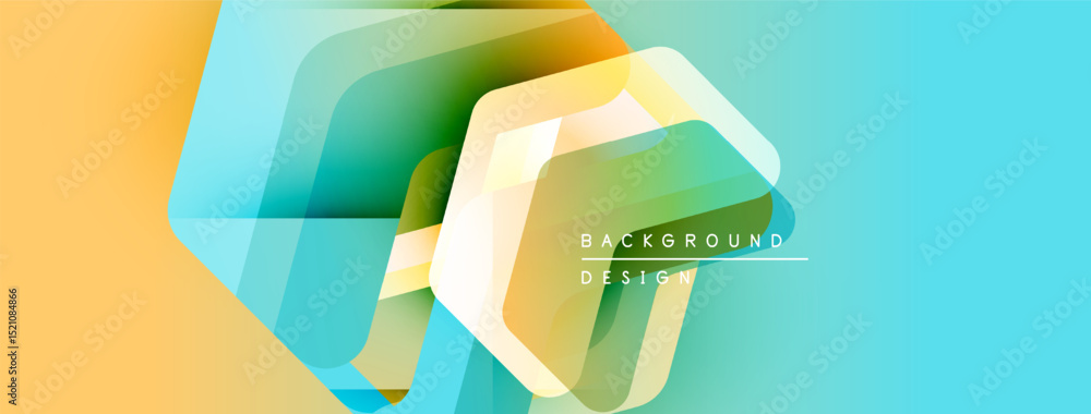 Poster abstract geometric shapes overlap, creating vibrant color gradients. light blue, yellow, green hues 