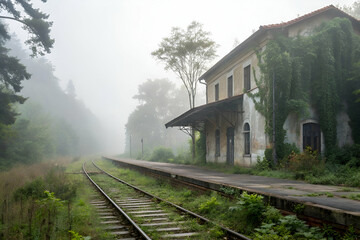 Abandoned Train Station Surrounded by Fog and Overgrown Vegetation, Evoking Mystery and Nostalgia in an Atmospheric Landscape