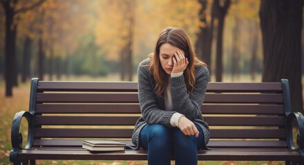 Woman in Park with Head in Hand, Overwhelmed by Sadness and Grief
