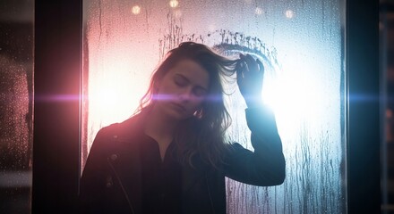 Woman in Silhouette Touching Hair with Lens Flare and Water Droplets