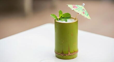 Natural Coconut Water with Fresh Mint Bamboo Glass Umbrella