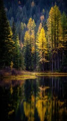 forest lake reflecting vivid fall colors, vertical scene