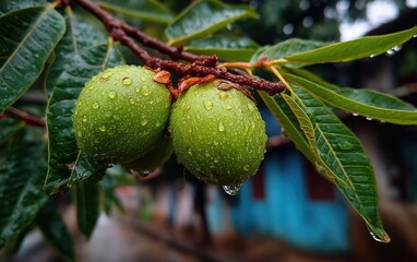 Obraz premium Close-up of green walnuts hanging on the tree