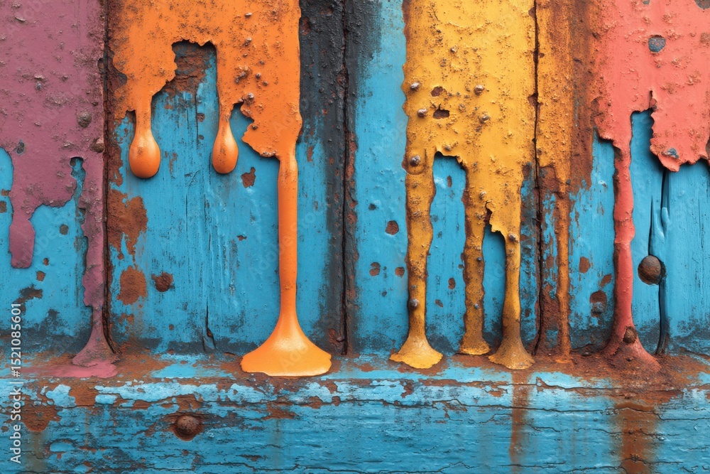 Poster a vibrant and textured close-up of colorful paint drips on weathered wooden surface, showcasing a un