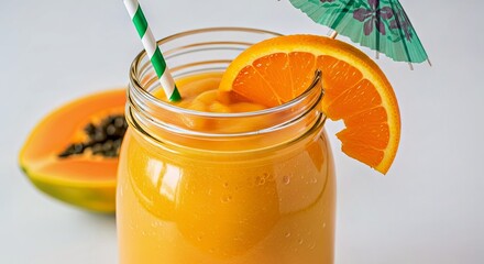 Tropical Papaya Orange Smoothie Wide Glass Jar Mini Umbrella