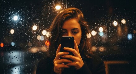 Woman Using Phone Behind Rainy Window with Bokeh Lights at Night
