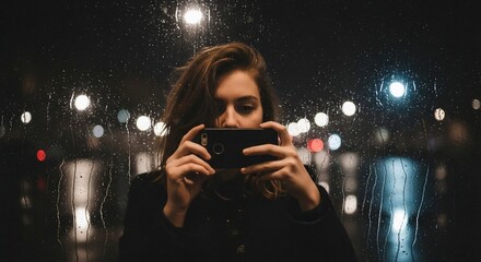 Woman Taking Photo Through Rain-Streaked Window at Night with Bokeh Lights