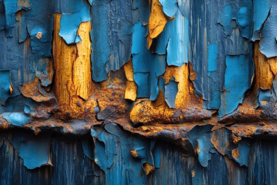 Detailed close-up of heavily weathered corrugated metal with peeling blue paint and rust, providing a textured and abstract composition, featuring patterns of decay.