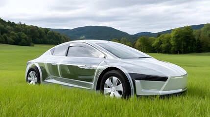 Eco-friendly transparent electric vehicle in a meadow