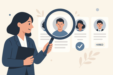 Recruitment concept with HR professional. Woman using magnifying glass to select job candidates from profiles. Hiring decision, employee selection, talent acquisition, workforce staffing vector.
