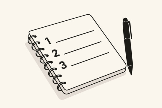 Minimalist wire-bound notebook with numbered task list and pen. Simple vector illustration for productivity, planning, organization, daily goals, education, business, and school.