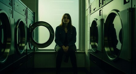 Young Woman in a Laundromat, Contemplative and Surrounded by Machines