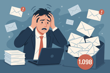 Email overload anxiety concept. Stressed businessman at office desk with laptop overwhelmed by messages. Information flood, burnout, digital fatigue, and communication problem illustration.