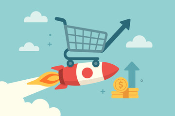 Rocket shopping cart e-commerce sales boost. Business growth concept. Startup launch financial success. Money coins increase. Fast online store market expansion. Rapid delivery metaphor. Vector.