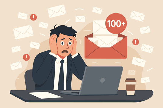 Email overload anxiety concept. Stressed businessman overwhelmed by too many messages, notifications in inbox. Work pressure, information flood, office burnout, digital fatigue. Vector illustration.