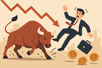 Stock market crash concept. Panicked businessman toppled by aggressive bull symbolizing financial crisis, economic recession, investment failure. Downward trend arrow, falling coins, portfolio loss.