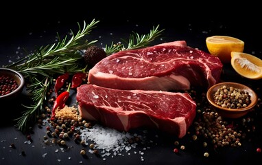 Fresh steak with spices on dark backdrop