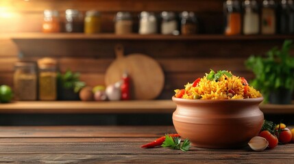 Delicious rice dish in a rustic kitchen setting. AI-generated.