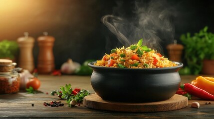 Steaming pot of flavorful rice dish with fresh herbs and vegetables. AI-generated.