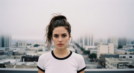 Young Woman Posing on Rooftop with Cityscape in Background, Moody Portrait