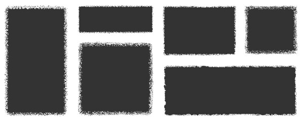 Black grunge vector text box frames in rectangular and square shapes. Sand texture strokes. Black paint stamps on a transparent background, featuring a grunge sketch effect. Vector graphic