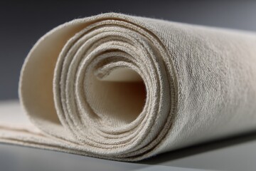 Close up studio shot of a roll of unbleached organic cotton fabric, showcasing its natural texture and raw beauty for sustainable and eco-friendly design projects.