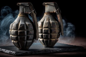 Two vintage hand grenades resting on a slate surface with dramatic smokey background, evoking themes of conflict, history, and the passage of time.