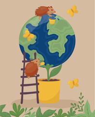 Children's poster on ecology. Earth in children's cartoon style. The planet from pollution is washed by cute hedgehogs. Vector illustration. 