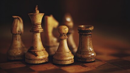 Fototapeta premium Macro photorealistic close-up of wooden chess pieces mid-game with rich texture, warm ambient light and shallow depth, designed for World Chess Day with space for text integration