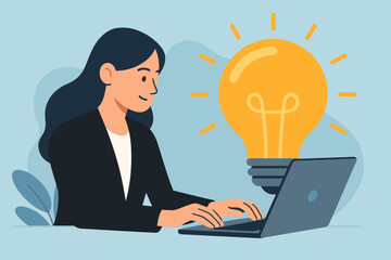 Businesswoman achieving innovation lightbulb moment. Creative idea, inspiration, problem-solving with laptop. Technology for startup success. Bright thinking, strategy concept vector.