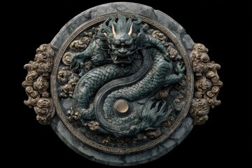 An intricately detailed depiction of a Chinese dragon in a yin and yang formation, sculpted in a stone-like material, surrounded by ornate clouds and a geometric border.