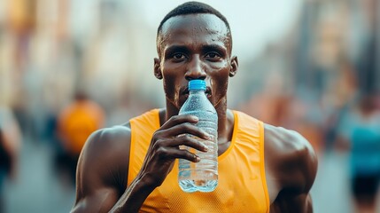Athlete quenches thirst with water during marathon on a warm sunny day in the city