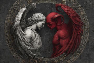 An artistic representation of good and evil, showcasing an angel and a devil facing each other, with ornate circular frame symbolizing duality and opposing forces.