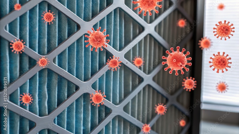Aufkleber furnace filter concept. visual representation of a filter with virus particles.