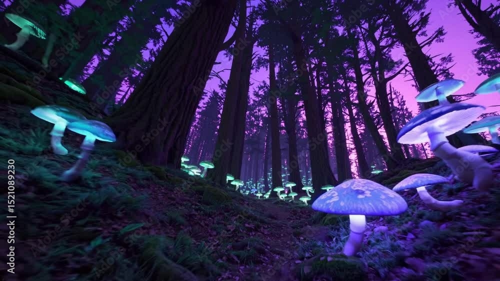 Poster bioluminescent mushrooms illuminate a path through a dense forest at dusk, creating a magical atmosp