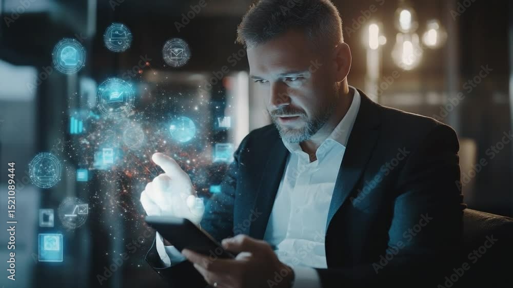 Poster digital innovation: businessman interacting with futuristic interface on tablet display