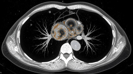 CT scan show heterogeneous mass at interior mediastinum , the mass slightly invade proximal lower part of svc for medical and technology concepts