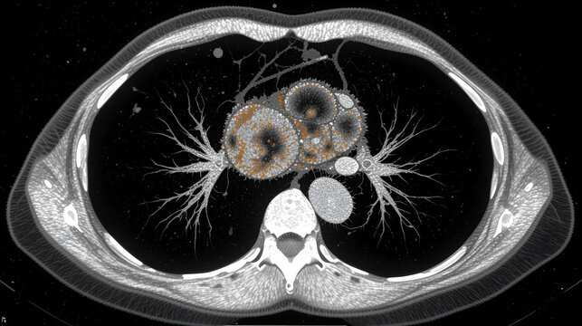 CT scan show heterogeneous mass at interior mediastinum , the mass slightly invade proximal lower part of svc for medical and technology concepts