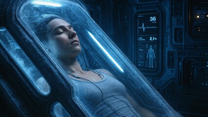 Female astronaut wearing sensors is sleeping in a cryosleep chamber during a long space voyage to another planet, monitored by digital displays