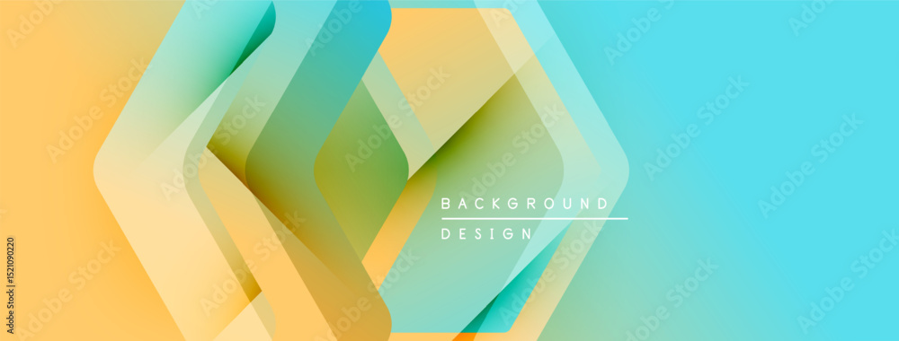 Poster Abstract geometric shapes overlap. Yellow, green, turquoise hues create dynamic visual effect. Modern design element.