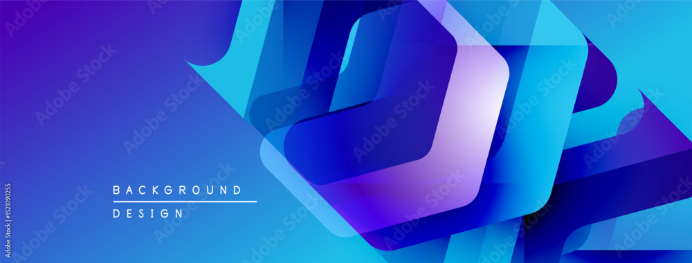 Poster Abstract blue design features layered ribbons, dynamic shapes. Text reads background design. Modern, vibrant visual presentation.