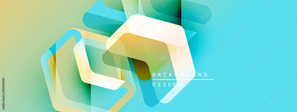 Poster abstract geometric shapes overlap. blue, yellow, green hues create modern design. light gradients ad