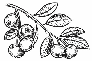 Detailed black and white illustration of a blueberry branch vector art