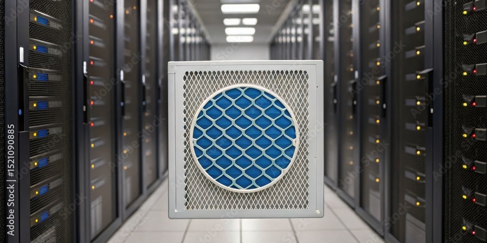 Poster furnace filter concept. data center with air filtration system in focus.