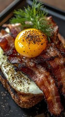 Crispy bacon, fried egg, and toasted bread dish.